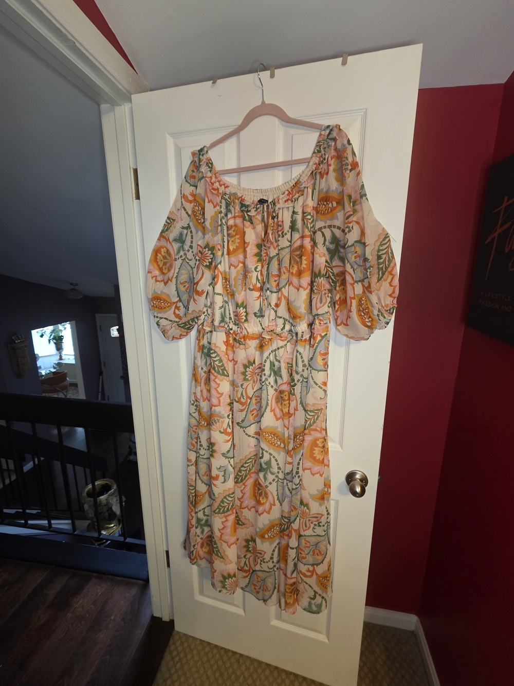 STATE Peach and Green Floral Off-Shoulder Midi Dress